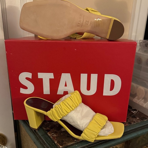 New. STAUD Yellow Ruffled Heeled Sandals. 8.5.